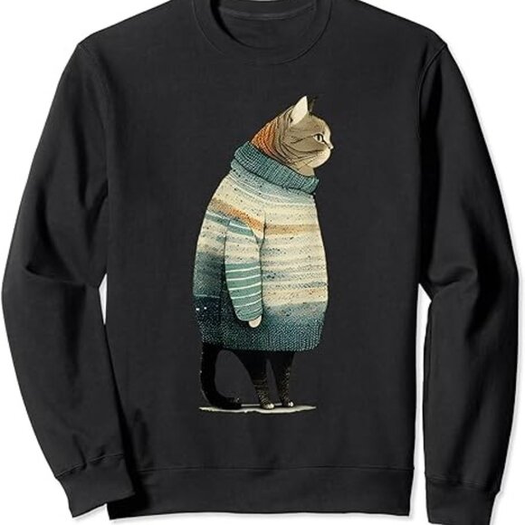 Angel H Tops - Cat Wearing A Sweater - Funny Pet Fat Gray Cat In Sweater Sweatshirt